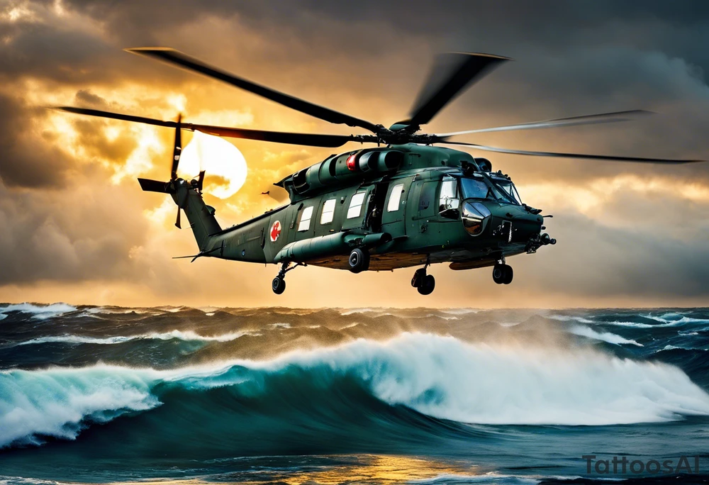 A cinematic-style tattoo depicting a Canadian military CH-148 Cyclone helicopter performing a daring maneuver over a turbulent ocean. The sky should be filled with dramatic clouds, and the sun should be setting, casting long shadows. The helicopter should be the main focus, with intricate details and a sense of motion. In the background, a poppy should be prominently displayed, and a quote from 'Lest We Forget' should be included, black and white tattoo tattoo idea