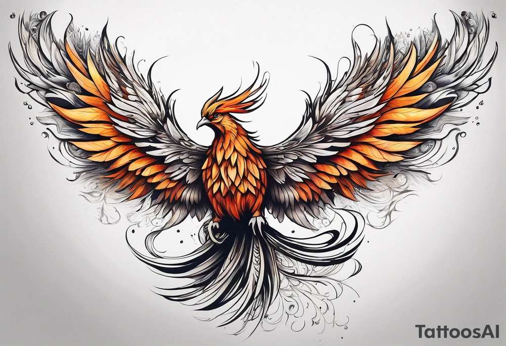 Tattoo: A powerful, majestic phoenix, depicted mid-flight or rising, with wings extended and feathers flowing. Deep shading and intricate details to bring out the texture and motion of the feathers. Style: Realism. tattoo idea