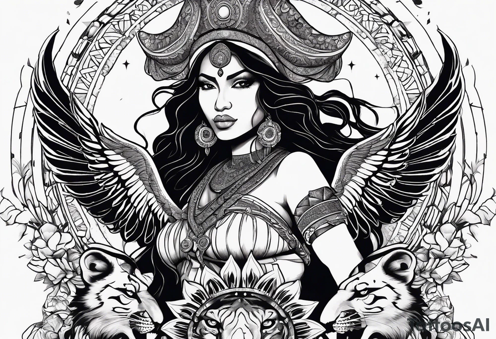 black kali, goddess pirate, alien, angel, pachamama, valkrye, warrior, flying, skull, lotus azul, wing, eagle, zenza resonance, stars, 5D, anahata chakra, death, durga, riding on a tiger, flying lady, kundalini, chest tatoo, samuri, rebel, serpent tattoo idea