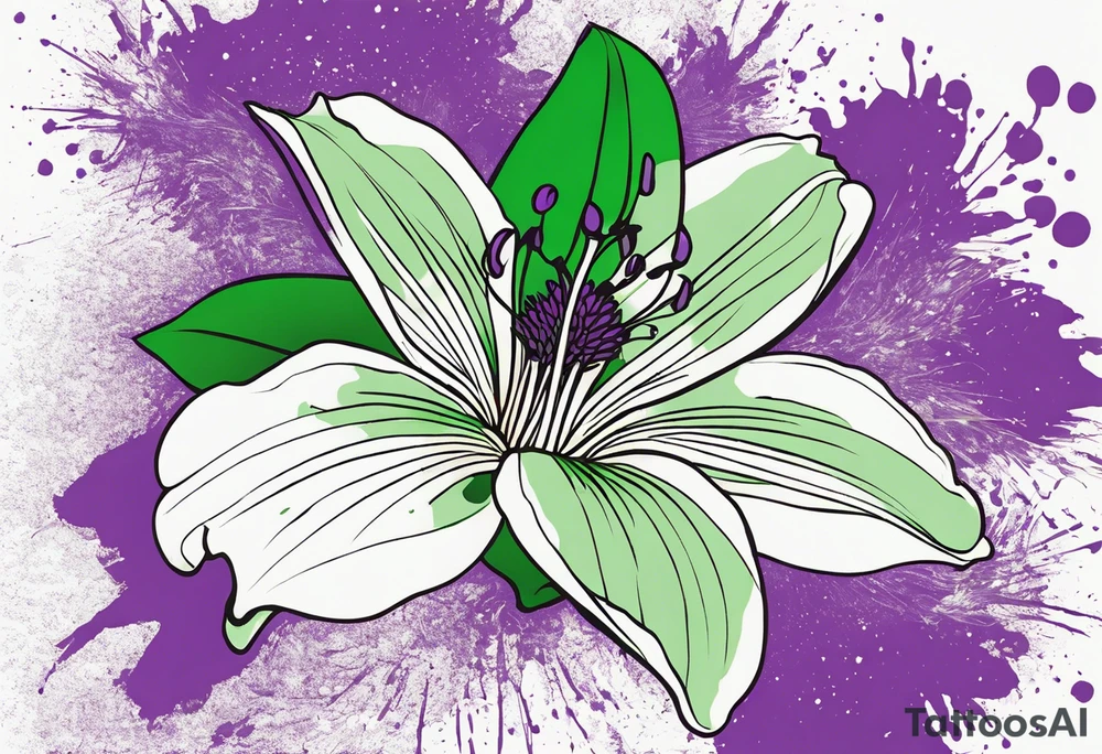 An outline of a rio dipladenia flower with a splatter green and purple background tattoo idea