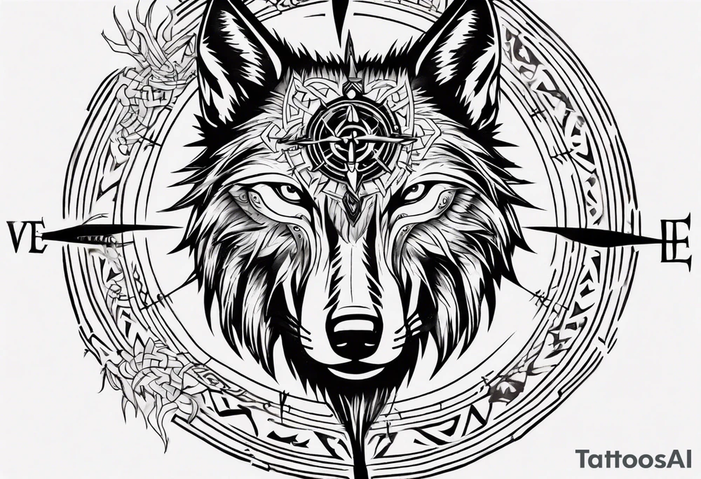 Black wolf with Viking Vegvísir compass on its forehead tattoo idea