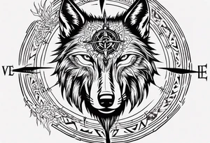 Black wolf with Viking Vegvísir compass on its forehead tattoo idea