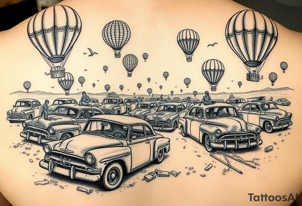 in a very steam punk vibe i want you to make a picture of a bunch of old beat up cars with people lounging in them and garbage and junk all up in and on them, tied to hot air balloons floating in the sky right about dusk and they are as far as the eye can see tattoo idea