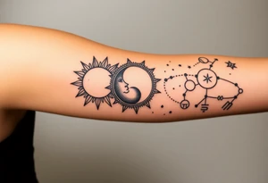 Celestial sun and moon with constellation patterns runes in starry sky ...