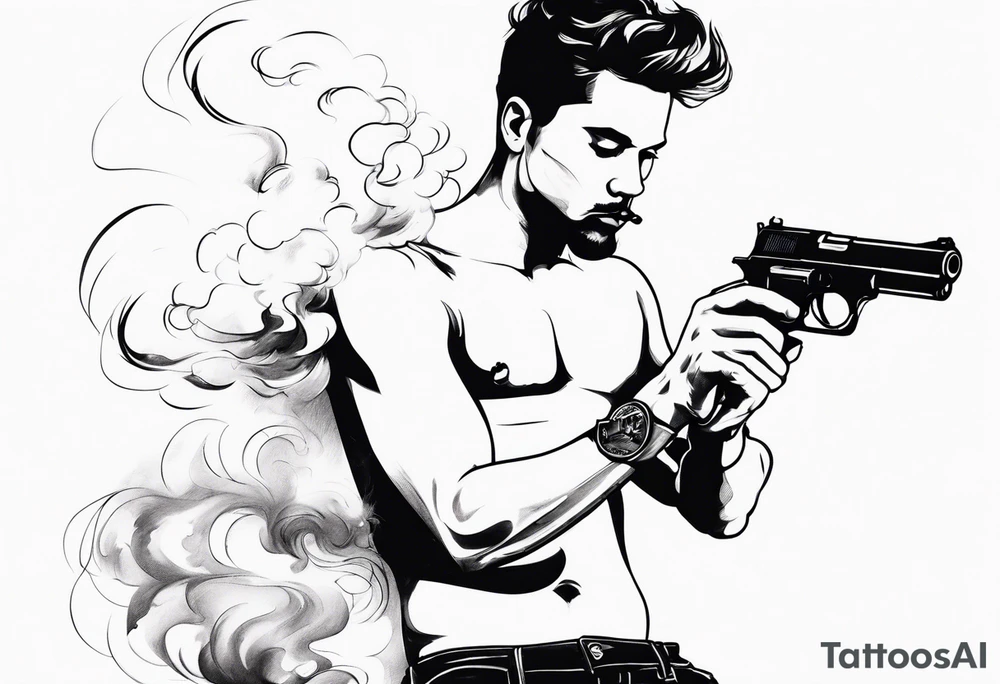 sexy man in mini boy shorts holding gun blowing smoke tattoo idea