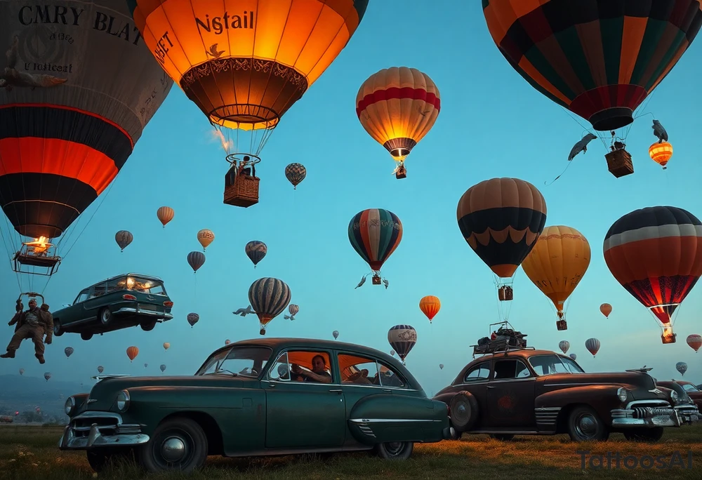 in a very steam punk vibe i want you to make a picture of a bunch of old beat up cars with people lounging in them and garbage and junk all up in and on them, tied to hot air balloons floating in the sky right about dusk and they are as far as the eye can see i want the cars to be floating as if they were the basket to the hot air balloons and the hot air balloons are all different colors and patterns and some are old and patched and i dont want to see the ground at all  i want this to be a scene that is up in the sky with them all floating under the balloons like it is in a dream and every single balloon in the picture is attached to a different old car, and some of the cars you can see people kicked back with thier feet out the window and stuff on the dash of the car, and some with people hanging an arm out hte window some have cigarrette smoke coming out the window, and the balloons all are different but every single car is floating high in the sky and i dont want there to be too many balloons and cars, just a few close together, and the rest ll are smaller and off in the distance 

and it should look like i too am in a car attached to a hot air balloon floating along as well tattoo idea