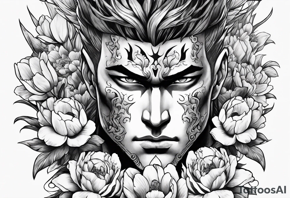 close up of ther face a berserk theme tattoo of guts with his sword on a land of flowers - tulips and peonys on a arm tattoo idea