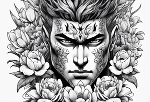 close up of ther face a berserk theme tattoo of guts with his sword on a land of flowers - tulips and peonys on a arm tattoo idea