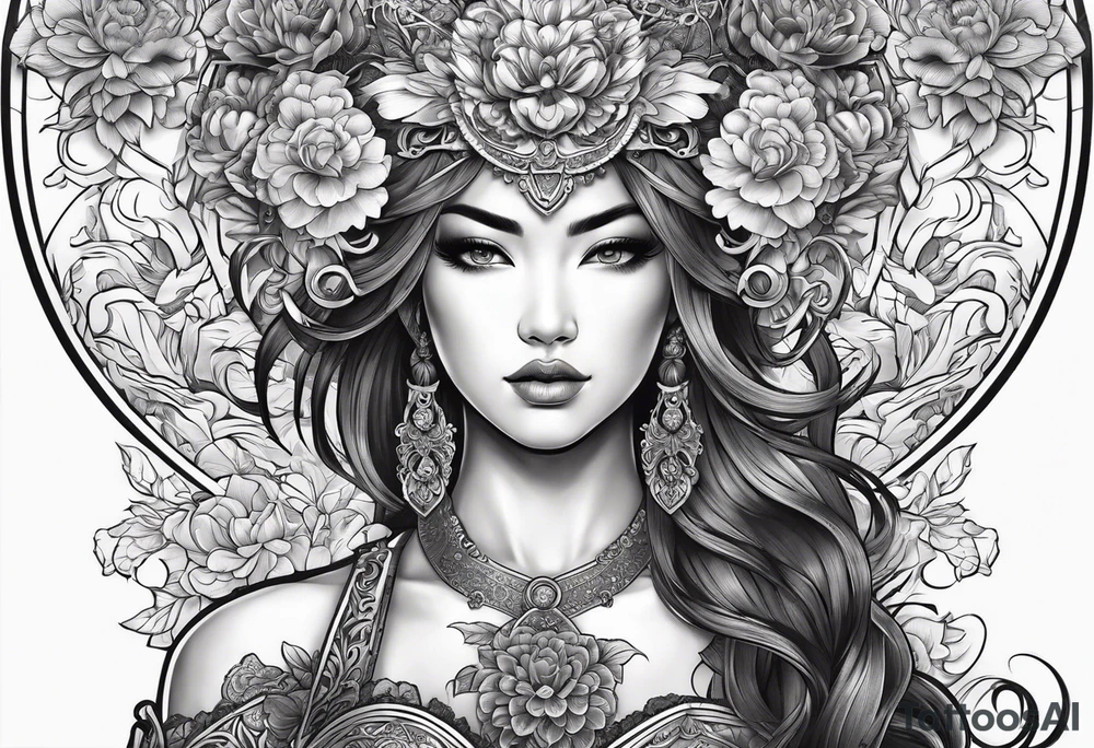 ornate beautiful woman warrior with weapon & floral arch background tattoo from head to torso tattoo idea