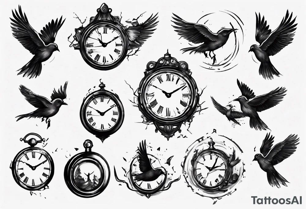 clock breaks like a mirror and small pieces turn into birds tattoo idea