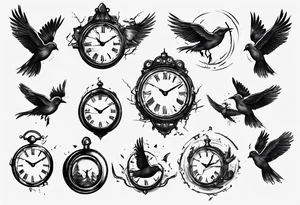 clock breaks like a mirror and small pieces turn into birds tattoo idea