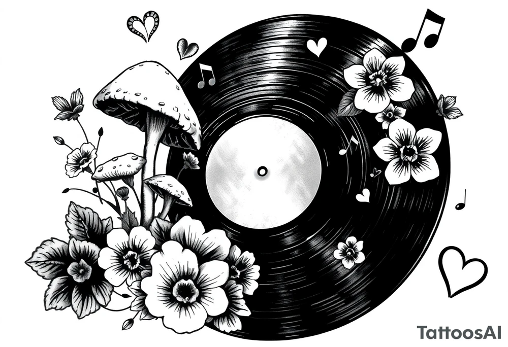 vinyl record with mushrooms, flowers, hearts, and music notes tattoo idea