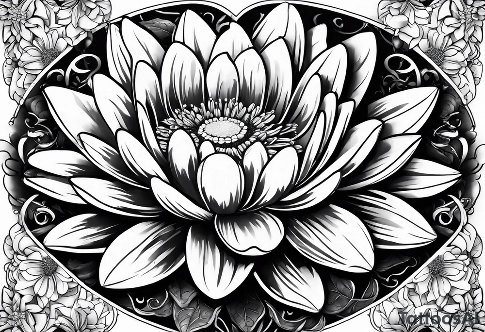 Daisy and water lily heart tattoo idea