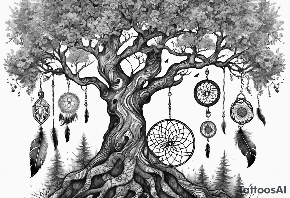 Tree of life with dream catcher tattoo idea