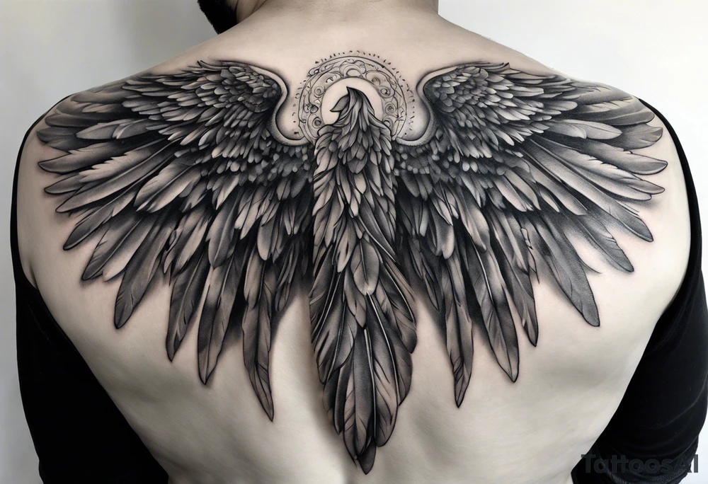 Realistic angel wings extending from a mens shoulders, covering the upper arms and upper back. The feathers are intricately detailed, with soft shading in black and gray to create depth and texture. The wings gently converge in the middle of the back, forming a harmonious and cohesive design. tattoo idea
