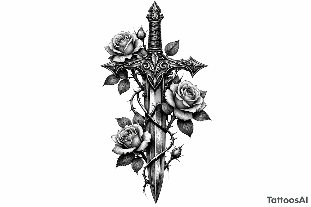 Intricate black and grey filigree sword with delicate rose buds. tattoo idea