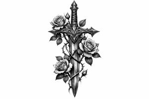 Intricate black and grey filigree sword with delicate rose buds. tattoo idea