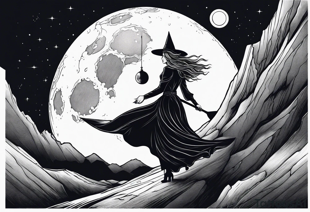 witch holding the moon on a cliff tattoo idea