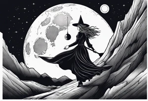 witch holding the moon on a cliff tattoo idea