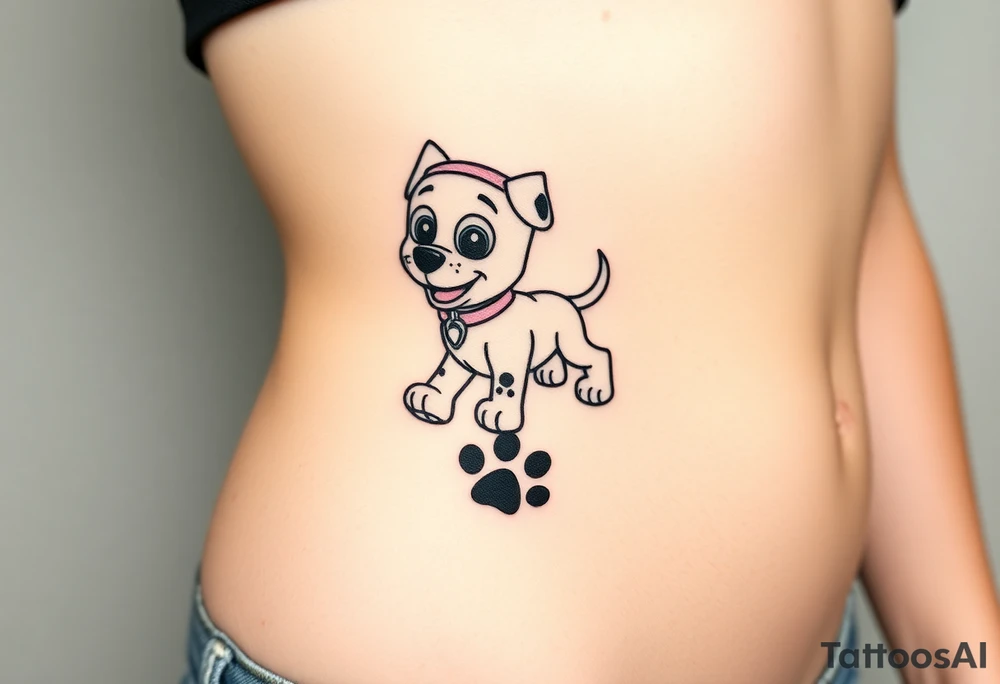 Walking away Paw Patrol member leaving a realistic textured paw print behind him. tattoo idea
