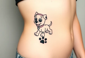 Walking away Paw Patrol member leaving a realistic textured paw print behind him. tattoo idea