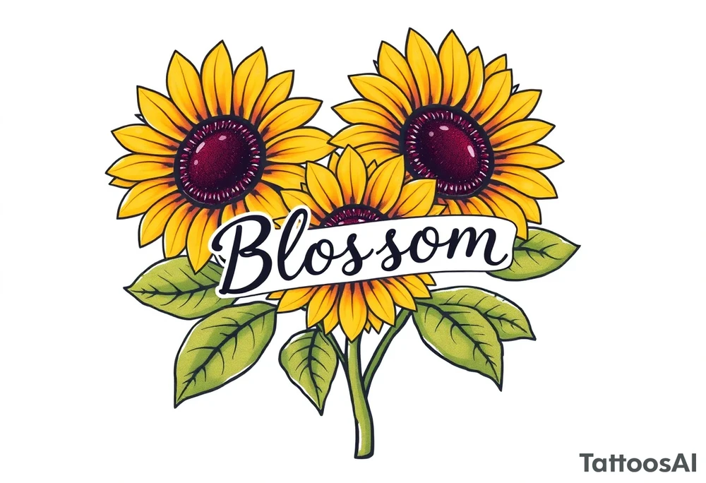 Sunflowers with “Blossom” written through the middle of them tattoo idea