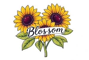 Sunflowers with “Blossom” written through the middle of them tattoo idea