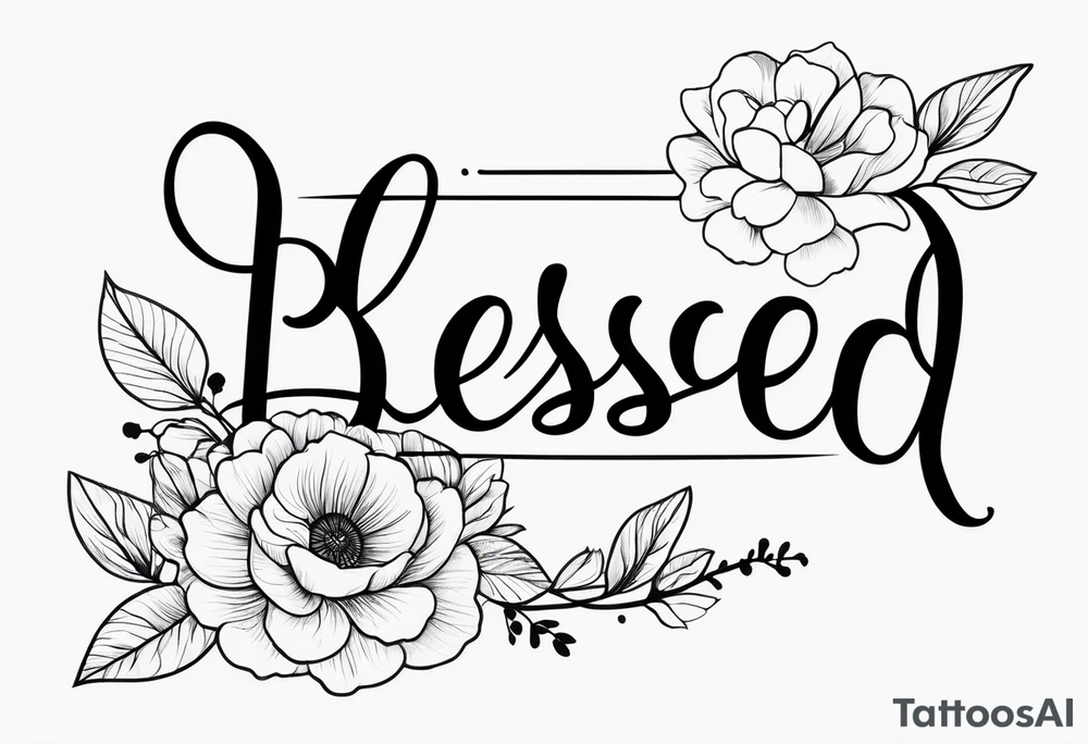 fine line tattoo that says “blessed” in cursive with a bouquet of flowers coming out the end of the word tattoo idea