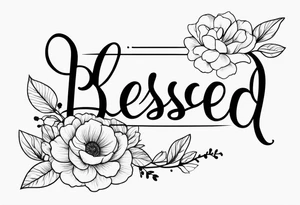 fine line tattoo that says “blessed” in cursive with a bouquet of flowers coming out the end of the word tattoo idea