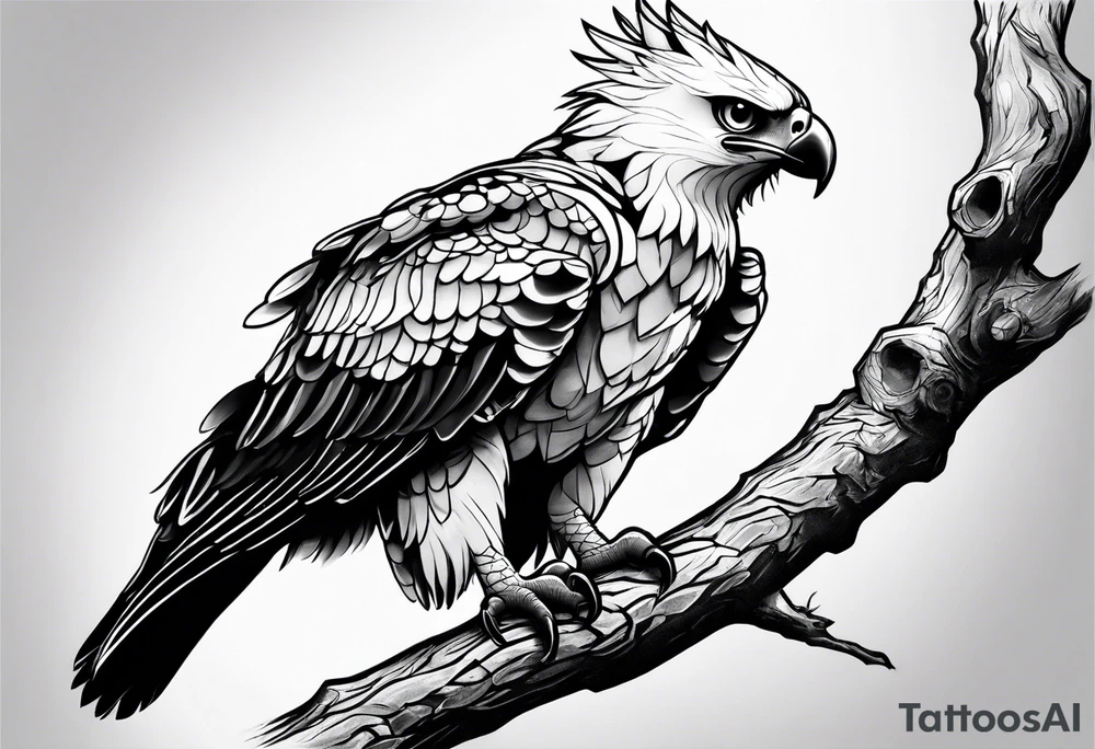 Harpy eagle perched on a branch forearm tattoo tattoo idea