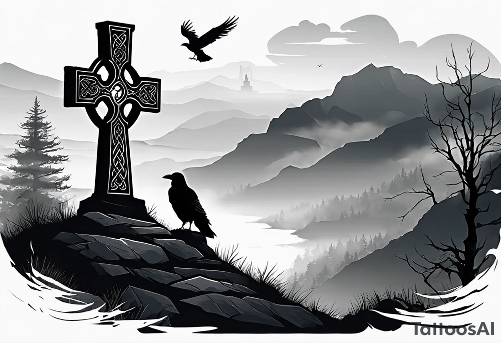 A stone Celtic cross solemnly standing atop a hill, a raven perches atop the cross staring out over the desolation. A ruined stone wall lies crumbling near the cross. Mist rolls along the hilltops adding to the melancholic nature of the scene tattoo idea