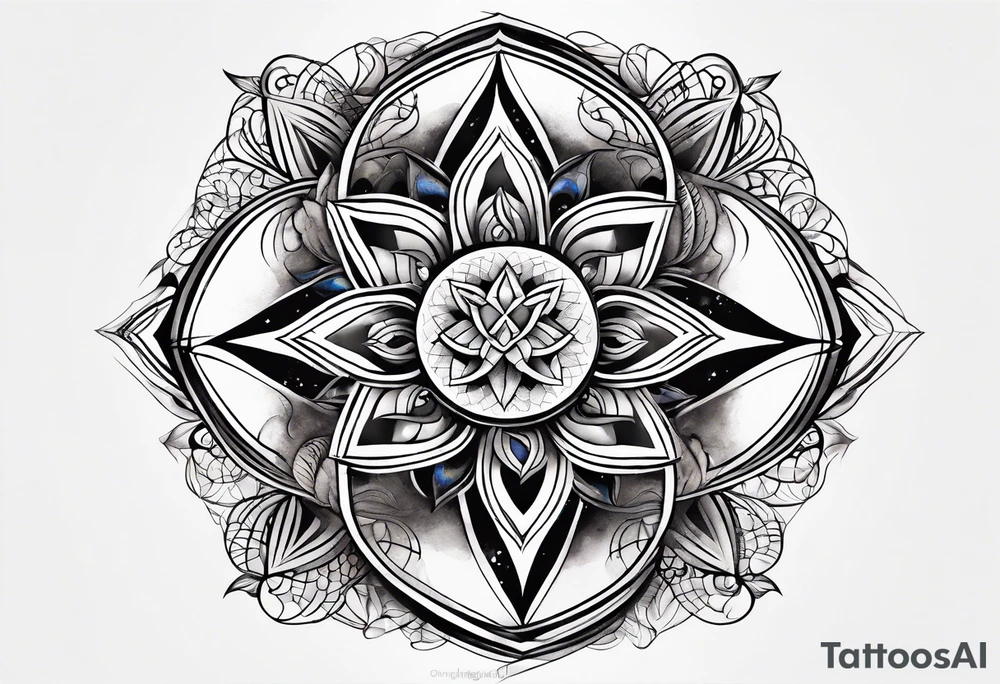 front knee tattoo with sacred geometry, swirls & washes, background washes tattoo idea