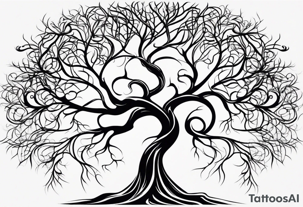 twisted leafless tree with long roots and branches stencil for chest and collar bone. symmetrical verticals tattoo idea