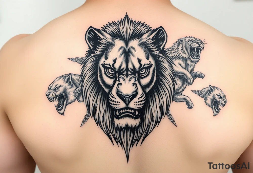 powerful majestic lion with a alien eyes, surrounded by vicious animals but not from earth tattoo idea