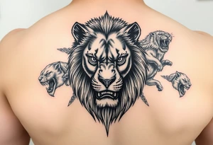 powerful majestic lion with a alien eyes, surrounded by vicious animals but not from earth tattoo idea