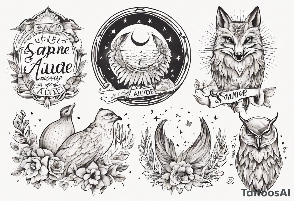 Fuchs und Eule unter der Sonne mit dem Schriftzug Sapere Aude tattoo idea
