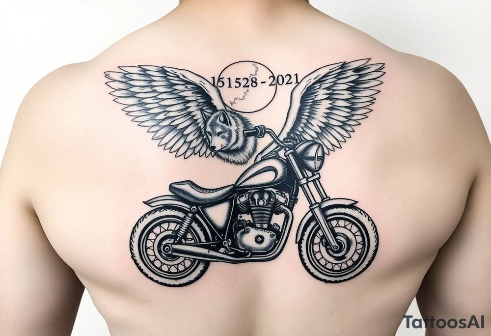 the year 1958 - 2021 with a motorcycle on it with guardian angel wolves tattoo idea