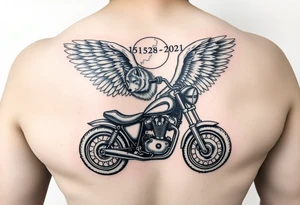 the year 1958 - 2021 with a motorcycle on it with guardian angel wolves tattoo idea