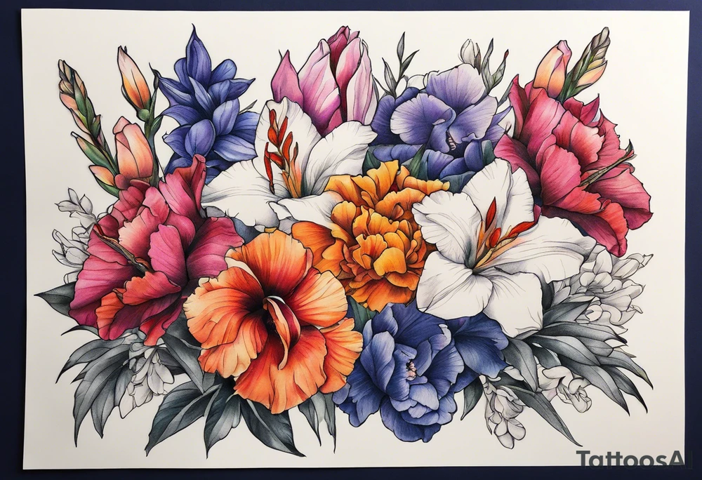 floral tattoo of purple gladiolus flowers, pink peonies, red hawthorns, orange marigold, navy blue sweet peas, and white paper white narcissus tattoo idea