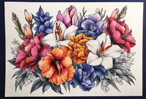 floral tattoo of purple gladiolus flowers, pink peonies, red hawthorns, orange marigold, navy blue sweet peas, and white paper white narcissus tattoo idea