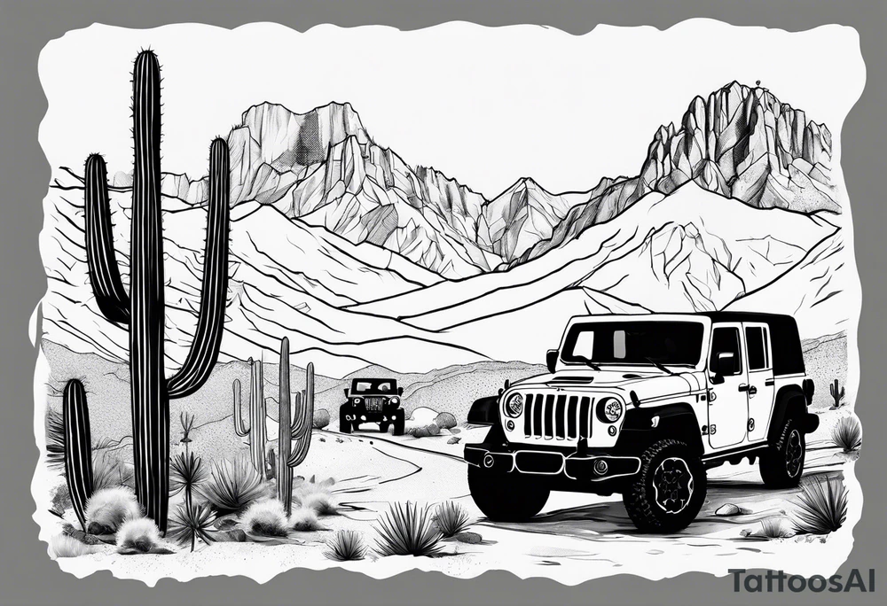 A dessert mountain with a jeep gladiator beside a cactus and a donkey tattoo idea
