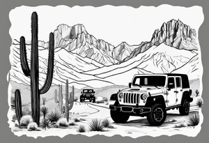 A dessert mountain with a jeep gladiator beside a cactus and a donkey tattoo idea