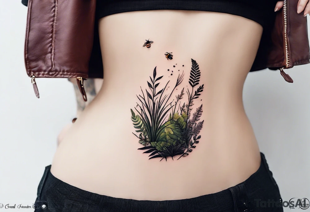forest floor inspired minimalist tattoo, which includes grass, curly ferns, moss and dead leaves as the bulk of the tattoo. details to include: forest berries, a tiny bumblebee flying nearby, three small brown mushrooms
Generate a vertically long one tattoo idea