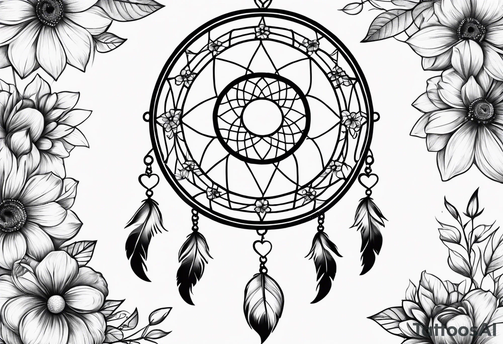 Dream catcher with hearts and flowers tattoo idea