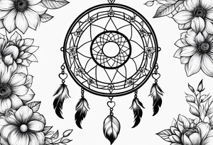 Dream catcher with hearts and flowers tattoo idea