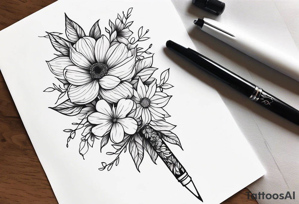 pen wrapped in flowers tattoo idea
