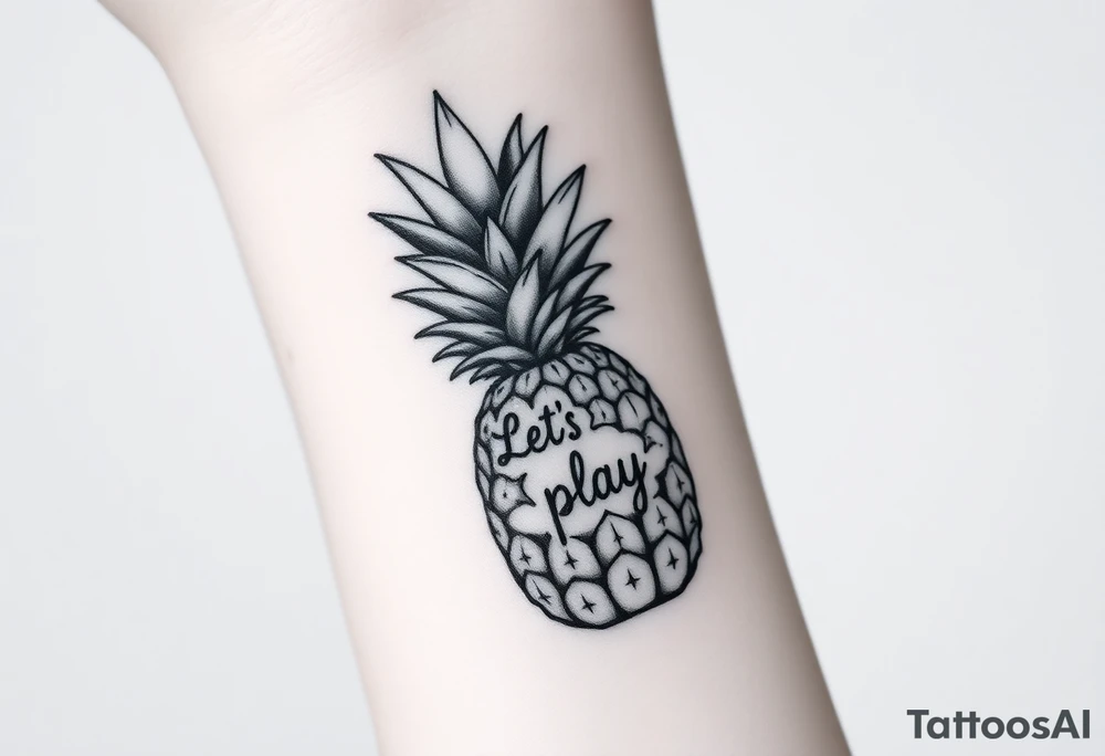 A black ink wrist tattoo featuring a realistic yet minimalistic pineapple. The pineapple is finely detailed with clean, precise lines, capturing the natural texture of the fruit while keeping the design subtle and uncluttered. Inside the body of the pineapple, the phrase "Let's play" is clearly placed in a bold but not overly thick font, ensuring readability while maintaining balance with the overall design. The leaves of the pineapple have a fine-line style with slight variations in thickness for a natural feel. The tattoo blends fine details with subtle bold elements, creating a clean and modern aesthetic. tattoo idea