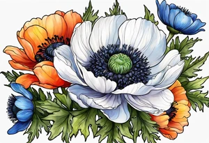 a white anemone with black center with blue thistles, green ferns, ranuculus, yellow sun flowers, red flowers, pink flowers, orange flowers, yellow flowers in watercolor tattoo idea