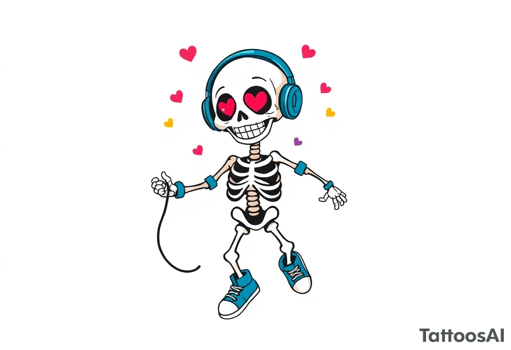 smiley skeleton with red love shape in his eyes jumping on a jump rope with blue headphones and blue armbands and blue sneakers with colorful music notes around his head tattoo idea