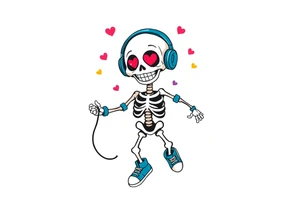 smiley skeleton with red love shape in his eyes jumping on a jump rope with blue headphones and blue armbands and blue sneakers with colorful music notes around his head tattoo idea